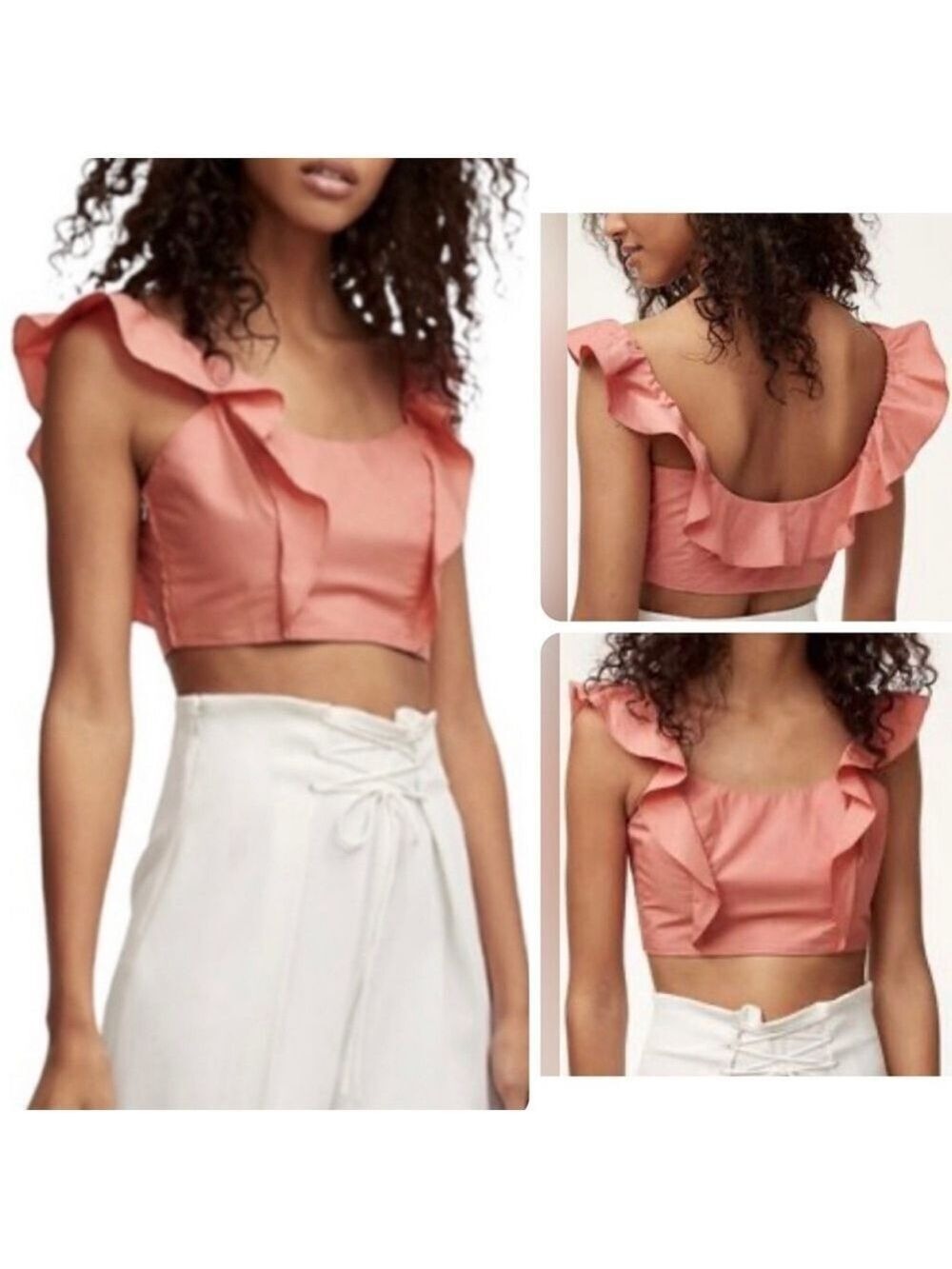 Aritzia Wilfred Sandrine Crop Top Ruffle Sleeve Blouse CORAL Size 6